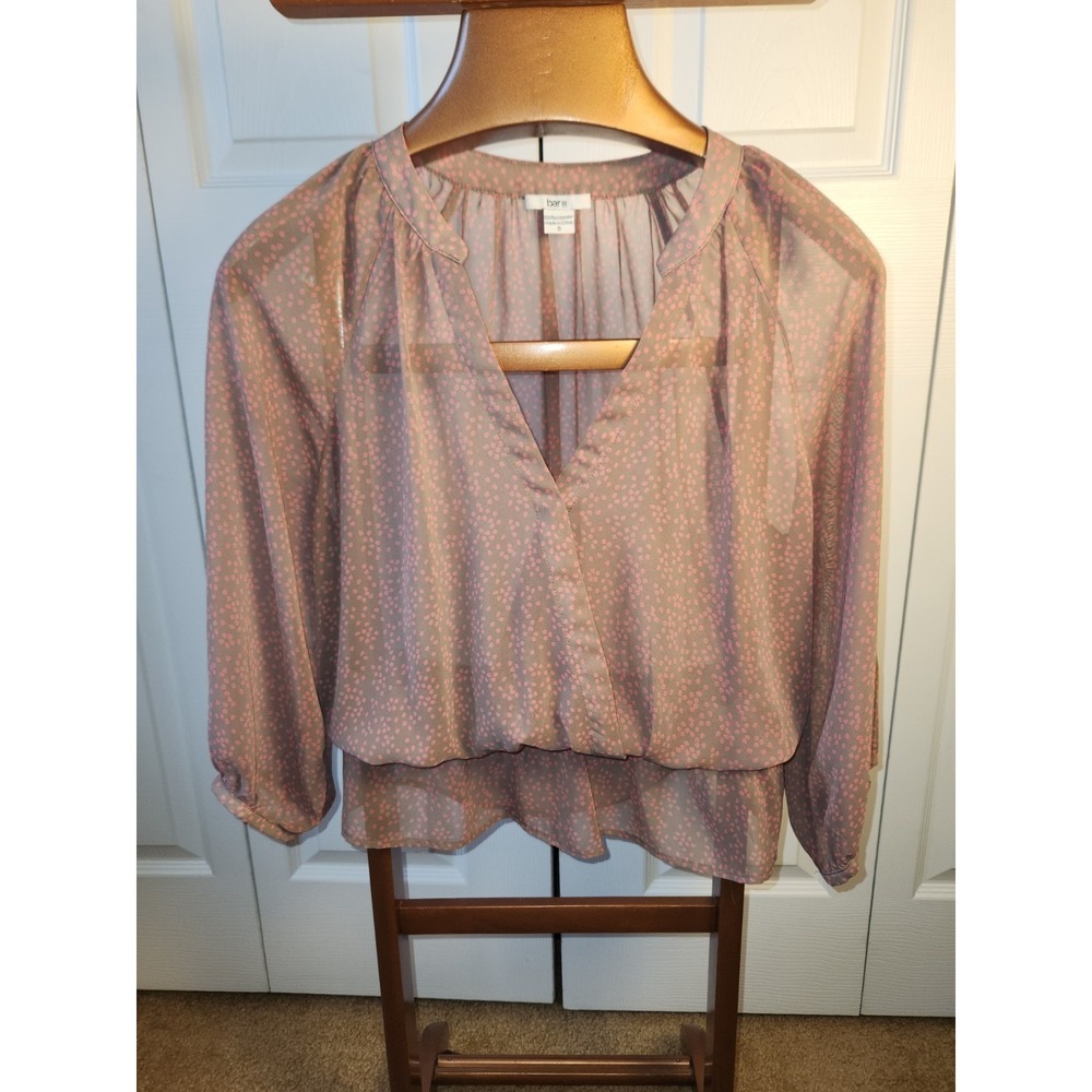 Bar 111 Brown Sheer Pink Polka Dot V Neck Wrap Long Sleeve Sz Small